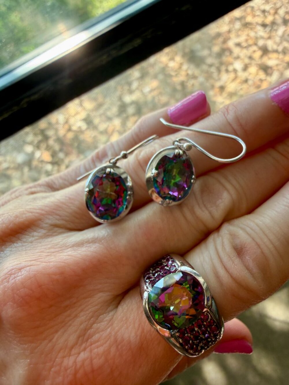 925 Sterling Silver Oval Mystic Topaz/Quartz Earrings & Ring Set - 6